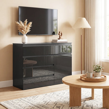Sideboard — 5-Drawer Dresser with Adjustable Shelf & Soft-Close Door, Kitchen Cabinet for Living Room/Kitchen/Dining, High-Gloss Black, 39.4 x 15.7 x 31.5 in (100 x 40 x 80 cm)