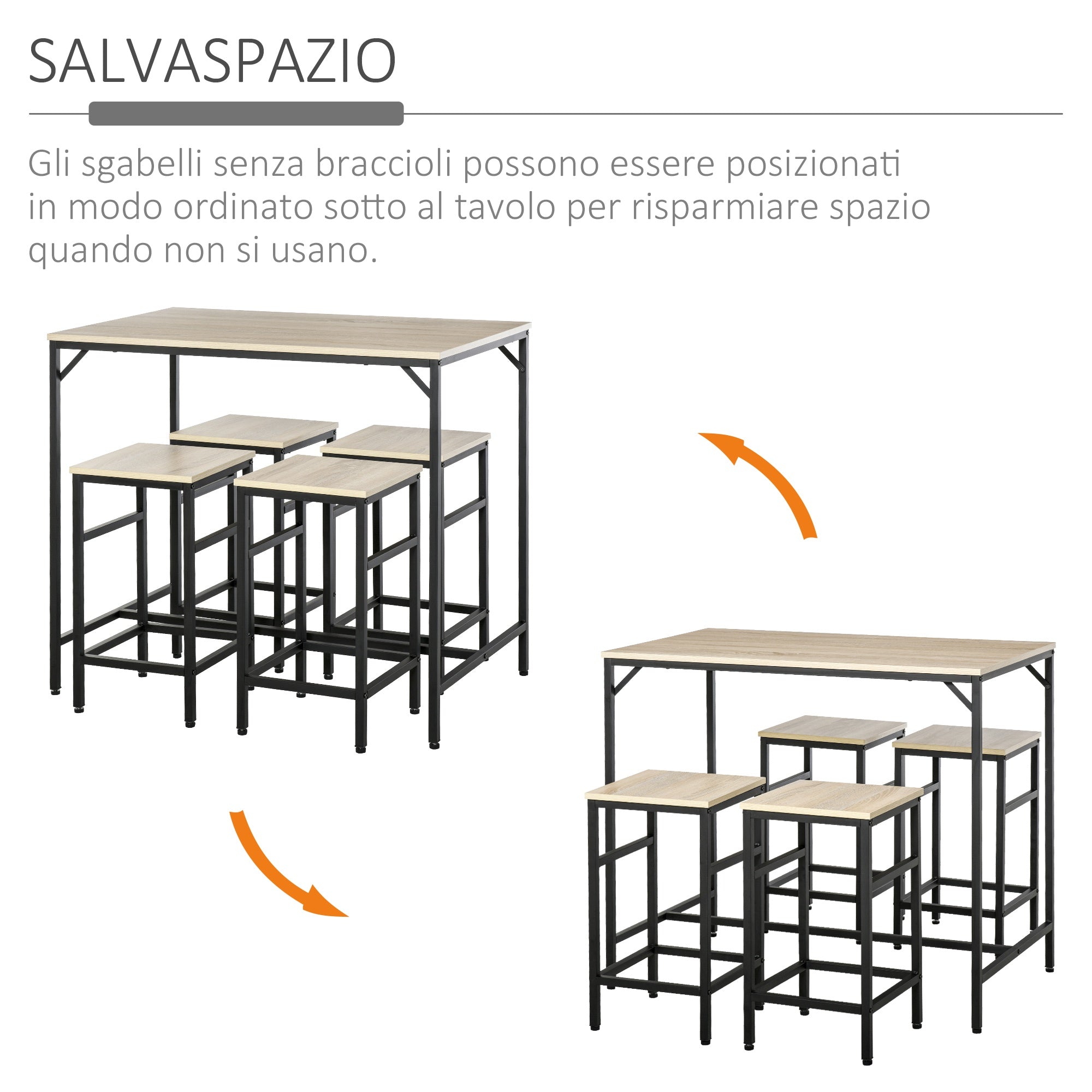 Modern Kitchen Table Set, High Table with 4 Industrial Style Stools, Metal and Wood, Modern Furniture, Living Room and Kitchen, 100Lx60Wx88H cm, Light Oak