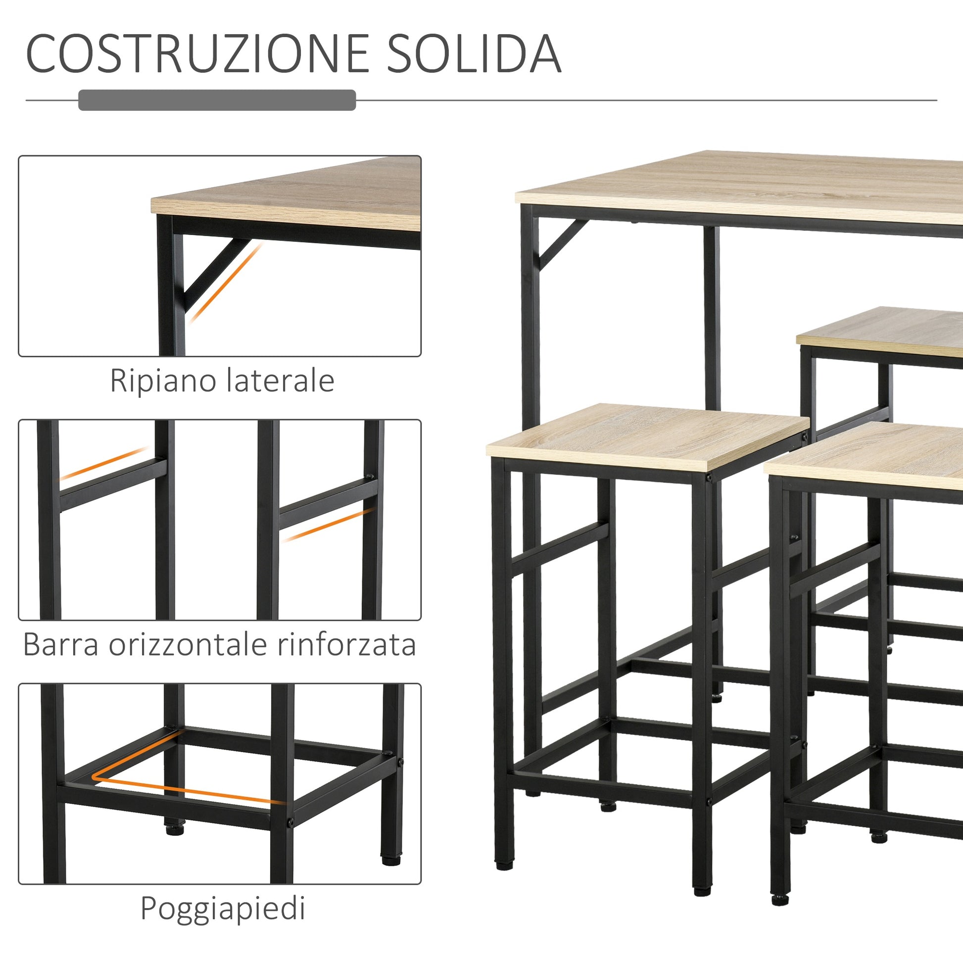 Modern Kitchen Table Set, High Table with 4 Industrial Style Stools, Metal and Wood, Modern Furniture, Living Room and Kitchen, 100Lx60Wx88H cm, Light Oak