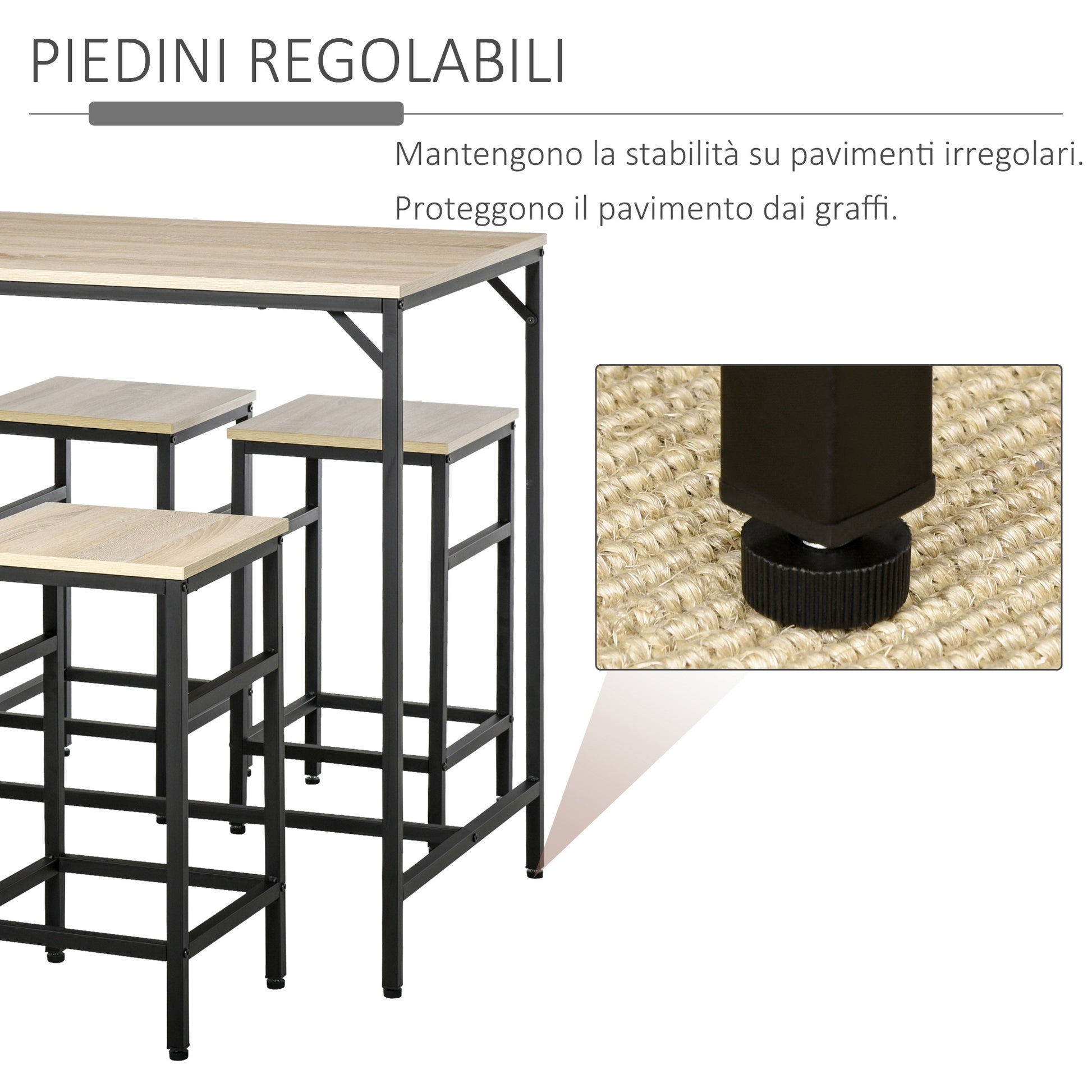 Modern Kitchen Table Set, High Table with 4 Industrial Style Stools, Metal and Wood, Modern Furniture, Living Room and Kitchen, 100Lx60Wx88H cm, Light Oak