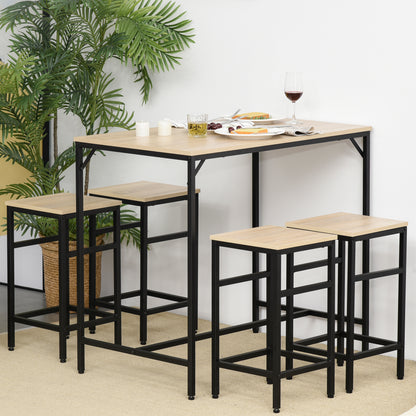 Modern Kitchen Table Set, High Table with 4 Industrial Style Stools, Metal and Wood, Modern Furniture, Living Room and Kitchen, 100Lx60Wx88H cm, Light Oak