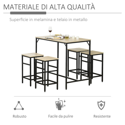 Modern Kitchen Table Set, High Table with 4 Industrial Style Stools, Metal and Wood, Modern Furniture, Living Room and Kitchen, 100Lx60Wx88H cm, Light Oak