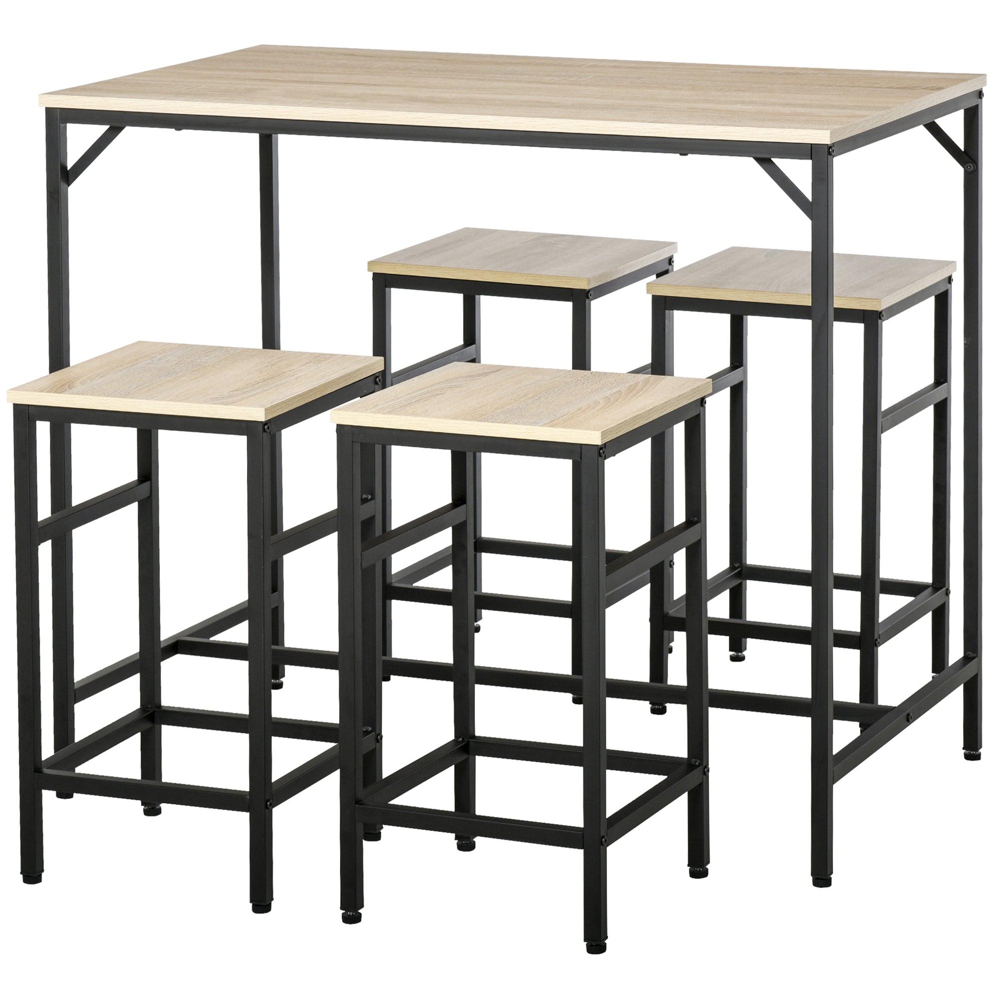 Modern Kitchen Table Set, High Table with 4 Industrial Style Stools, Metal and Wood, Modern Furniture, Living Room and Kitchen, 100Lx60Wx88H cm, Light Oak