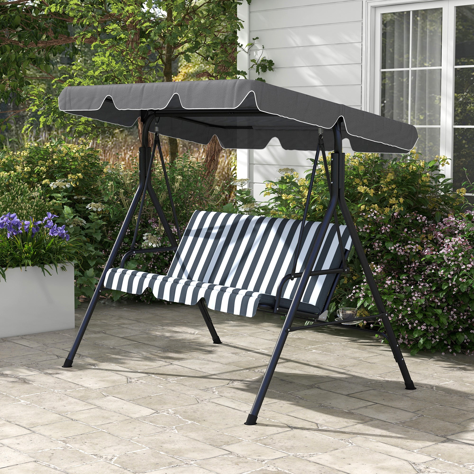 Hollywood Swing with Seat Cushion, 3-Seater Garden Swing with Adjustable Sunroof, Swing Bench supports up to 240 kg, for Garden, Terrace, 172 x 110 x 153 cm, Gray+White