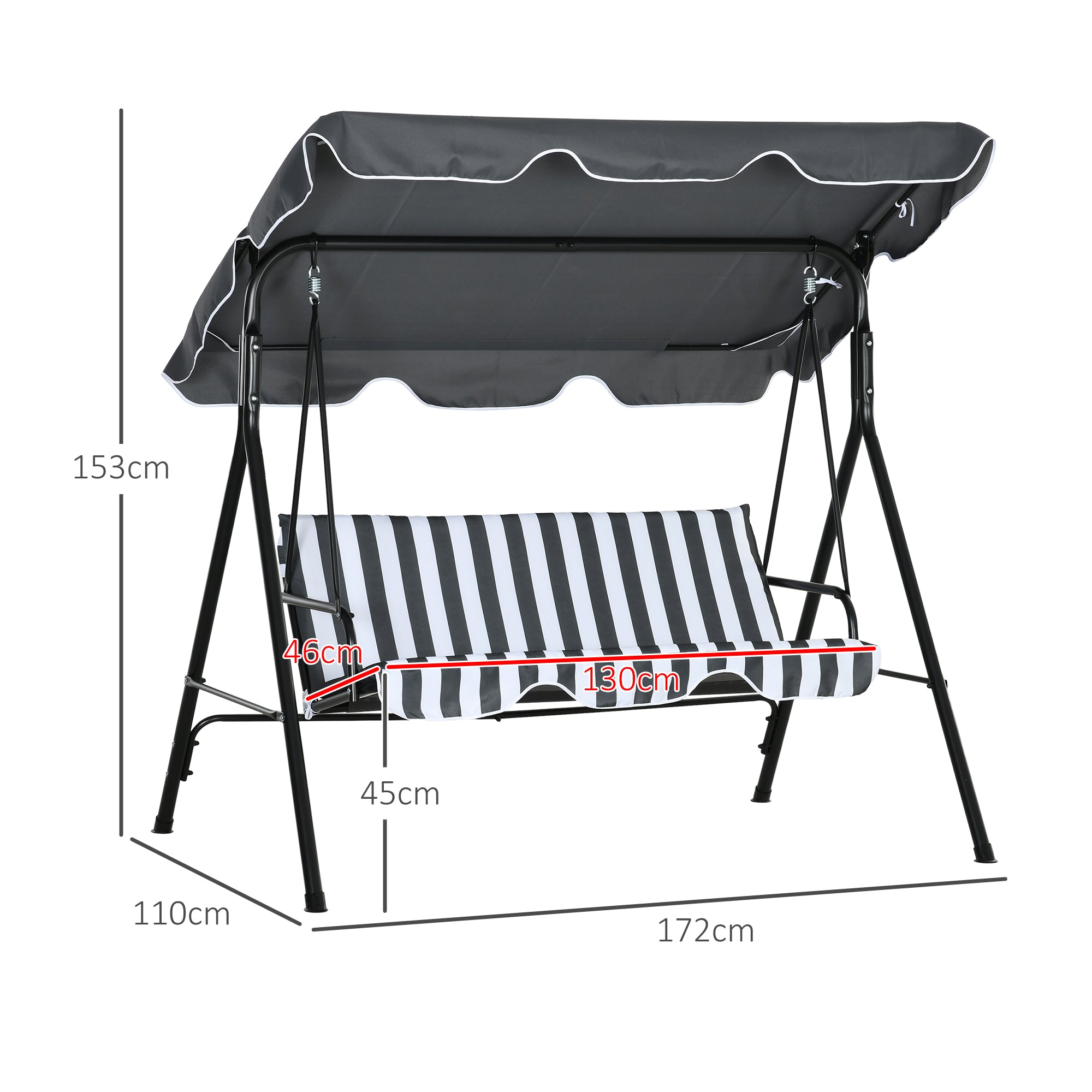 Hollywood Swing with Seat Cushion, 3-Seater Garden Swing with Adjustable Sunroof, Swing Bench supports up to 240 kg, for Garden, Terrace, 172 x 110 x 153 cm, Gray+White