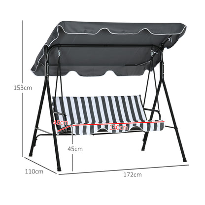 Hollywood Swing with Seat Cushion, 3-Seater Garden Swing with Adjustable Sunroof, Swing Bench supports up to 240 kg, for Garden, Terrace, 172 x 110 x 153 cm, Gray+White