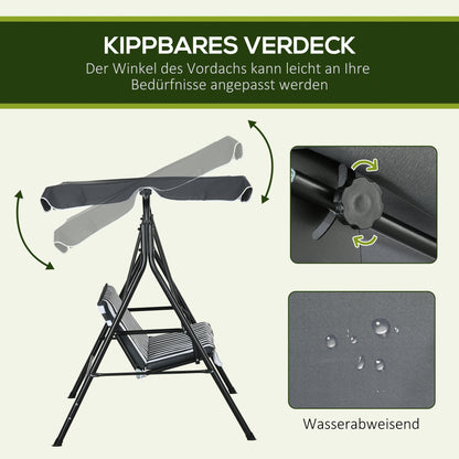 Hollywood Swing with Seat Cushion, 3-Seater Garden Swing with Adjustable Sunroof, Swing Bench supports up to 240 kg, for Garden, Terrace, 172 x 110 x 153 cm, Gray+White