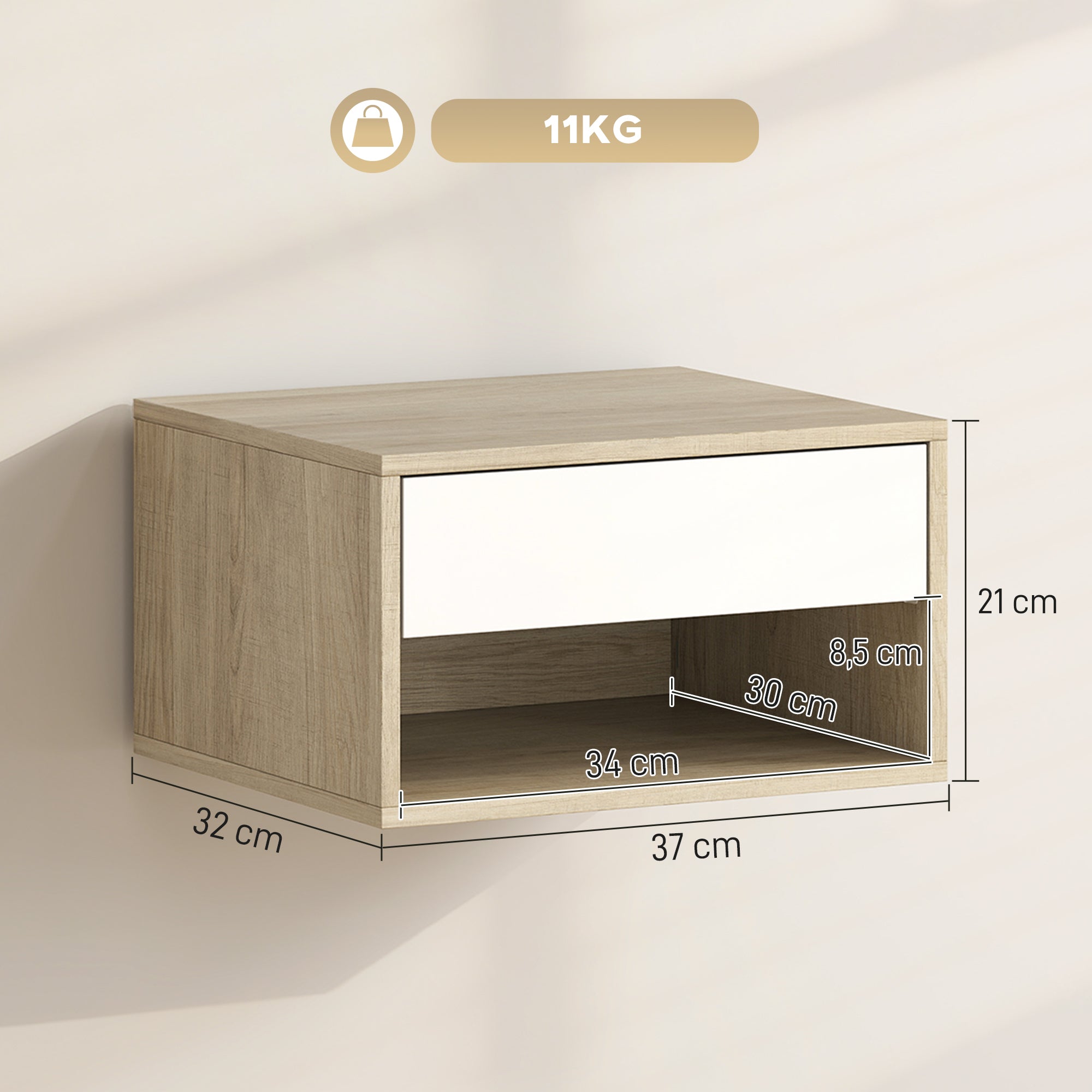 Set of 2 Floating Nightstands — Wall-Mounted Nightstands with Drawer & Open Shelf, Modern, 14.6 x 12.6 x 8.3 in, Natural Wood & White