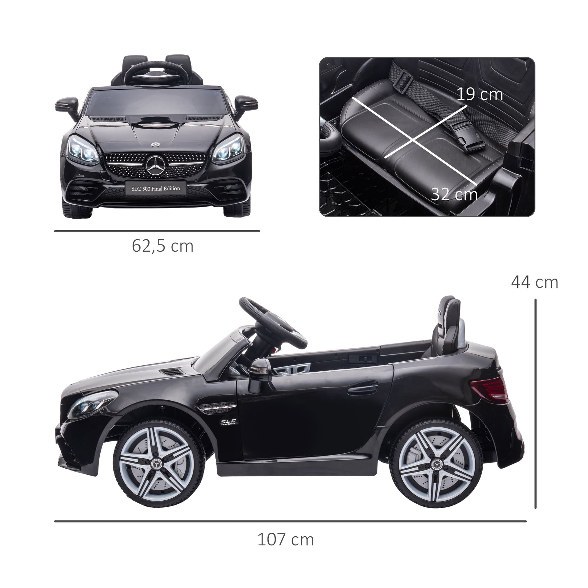 12 V Kids Electric Car, Children's Vehicle with 2.4G Remote Control, Electric Vehicle with LED Headlights, Seatbelt, Horn, Music, Mercedes SLC 300 Kids Car for Kids from 3 Years, Black