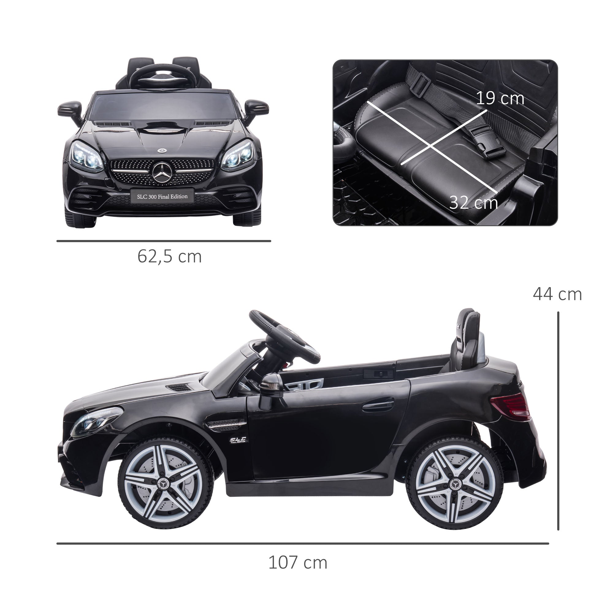 12 V Kids Electric Car, Children's Vehicle with 2.4G Remote Control, Electric Vehicle with LED Headlights, Seatbelt, Horn, Music, Mercedes SLC 300 Kids Car for Kids from 3 Years, Black