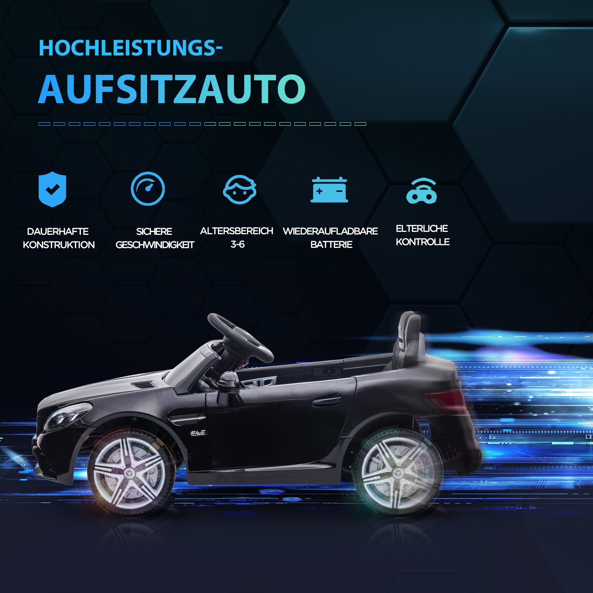 12 V Kids Electric Car, Children's Vehicle with 2.4G Remote Control, Electric Vehicle with LED Headlights, Seatbelt, Horn, Music, Mercedes SLC 300 Kids Car for Kids from 3 Years, Black