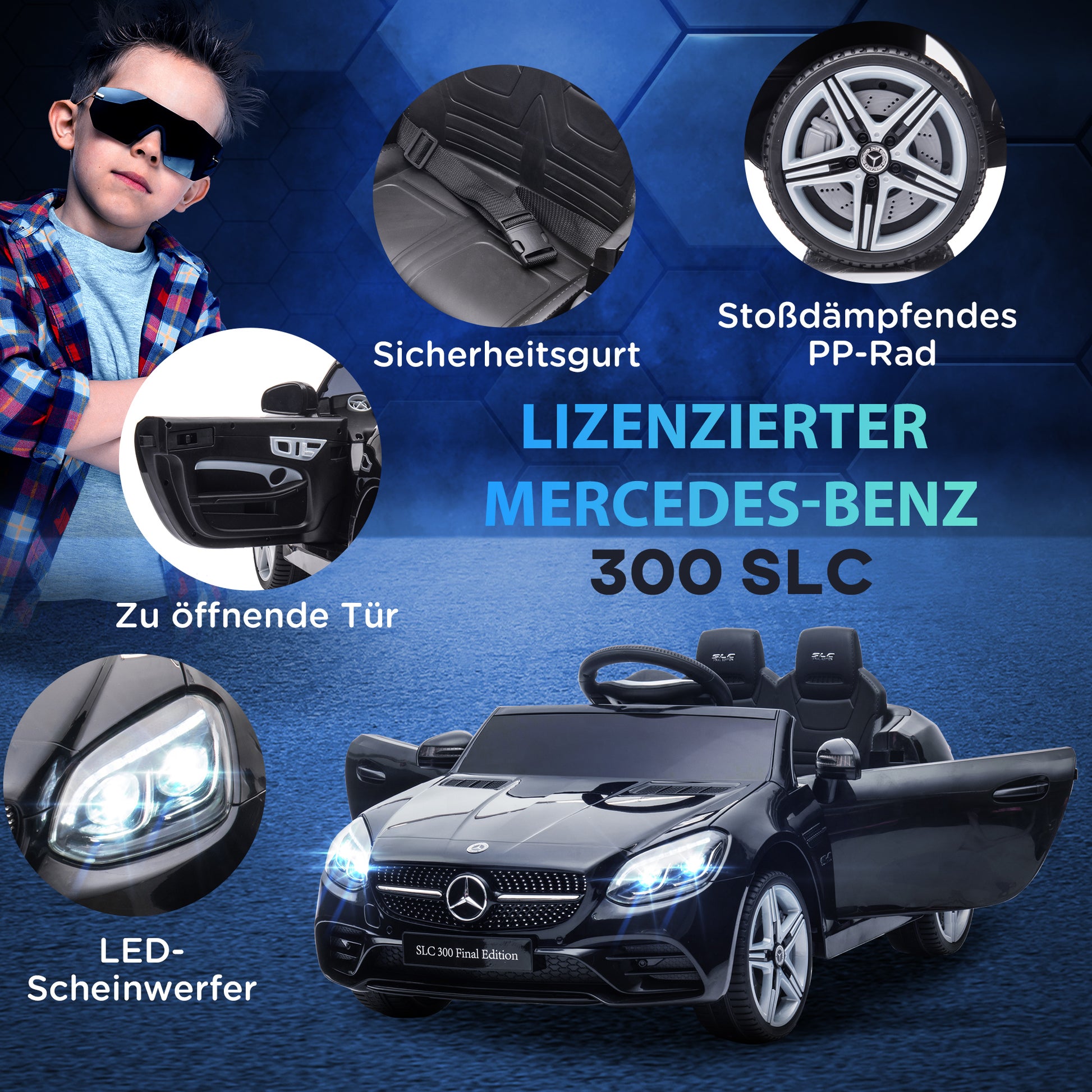 12 V Kids Electric Car, Children's Vehicle with 2.4G Remote Control, Electric Vehicle with LED Headlights, Seatbelt, Horn, Music, Mercedes SLC 300 Kids Car for Kids from 3 Years, Black