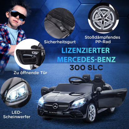 12 V Kids Electric Car, Children's Vehicle with 2.4G Remote Control, Electric Vehicle with LED Headlights, Seatbelt, Horn, Music, Mercedes SLC 300 Kids Car for Kids from 3 Years, Black