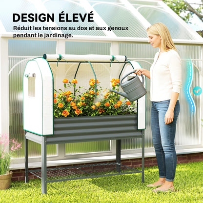 Elevated Planter with PE Greenhouse Cover — Metal Raised Garden Bed with Greenhouse, 167 L (44.1 gal) with Liner & Lower Shelf, for Plants, Flowers & Vegetables, 47.2 x 21.7 x 55.1 in (120 x 55 x 140 cm), Dark Gray