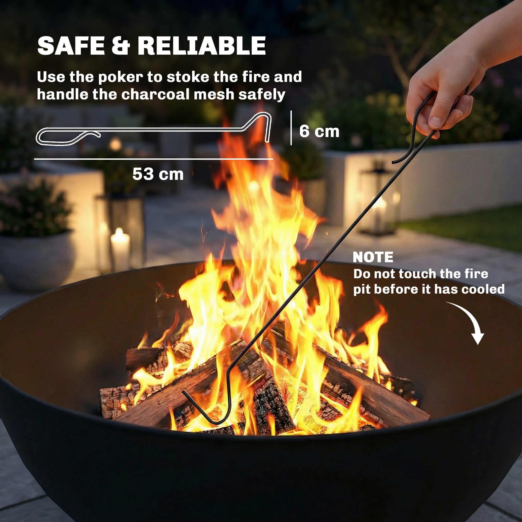 Fire Bowl 23.6 x 20.9 x 26.0 in (60 x 53 x 66 cm) Adjustable Fire Pit with Poker, Charcoal Grate & Stand – Garden, Balcony, Patio, Outdoor BBQ & Camping – Black