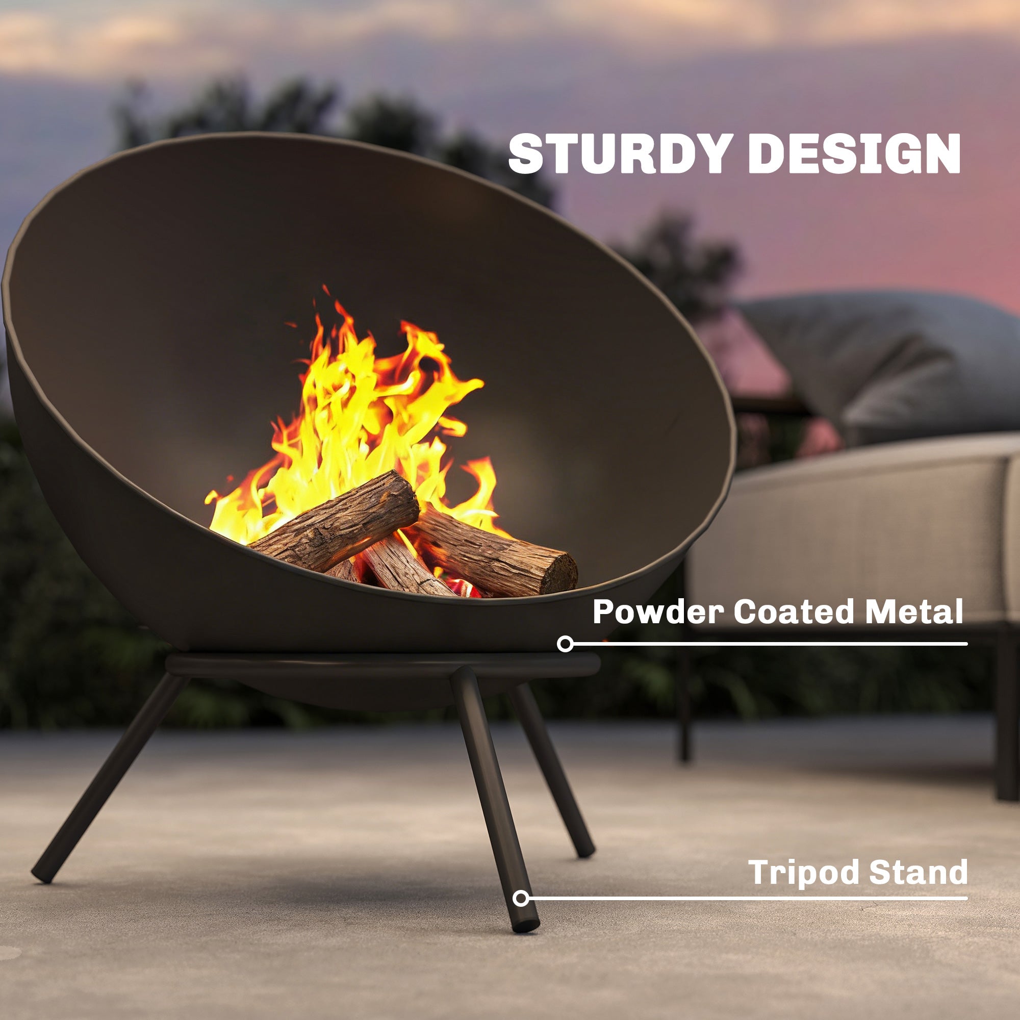 Fire Bowl 23.6 x 20.9 x 26.0 in (60 x 53 x 66 cm) Adjustable Fire Pit with Poker, Charcoal Grate & Stand – Garden, Balcony, Patio, Outdoor BBQ & Camping – Black