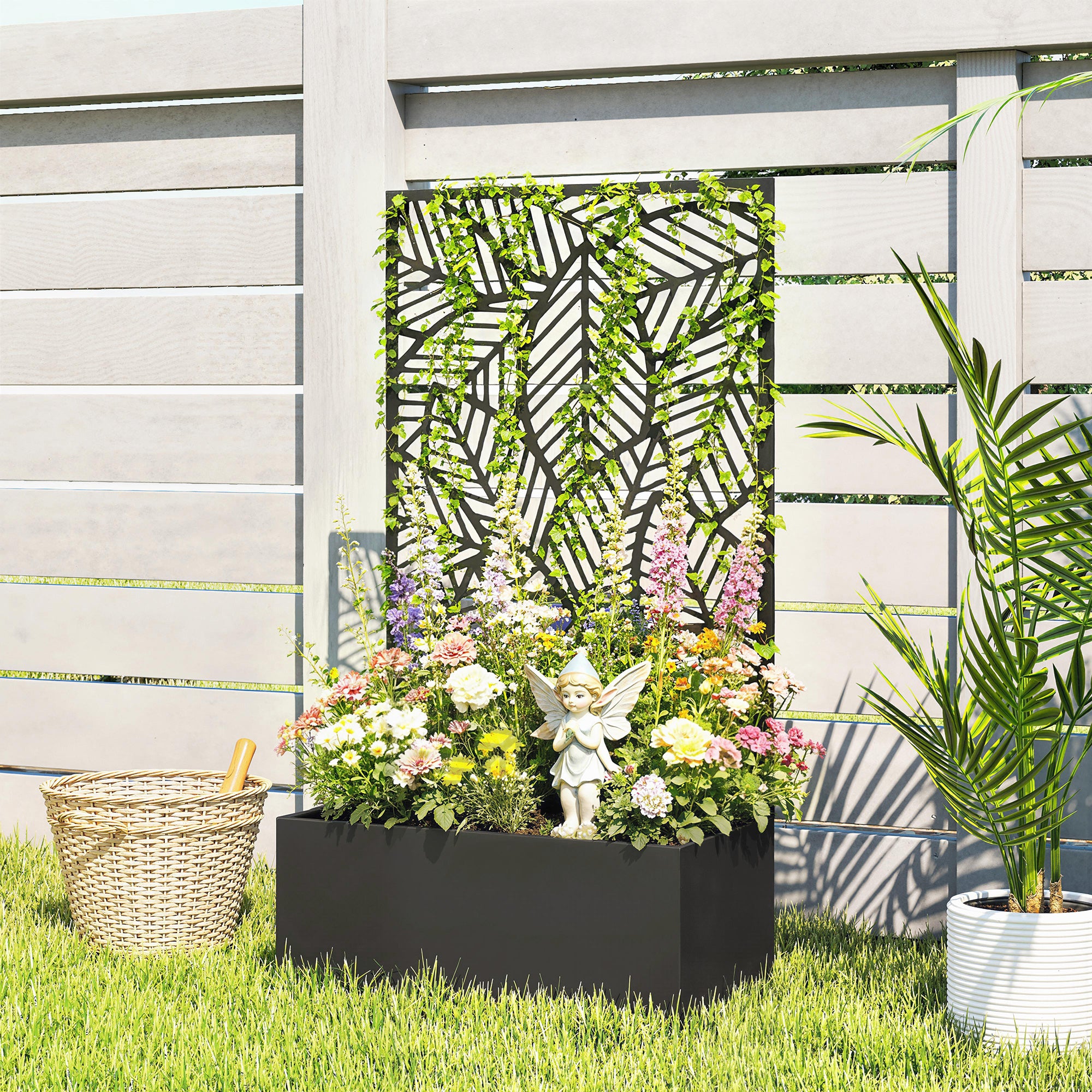 Metal Raised Planter with Trellis — Freestanding or Wall-Mount, Privacy Panel with Leaf Cutouts