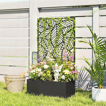 Metal Raised Planter with Trellis — Freestanding or Wall-Mount, Privacy Panel with Leaf Cutouts