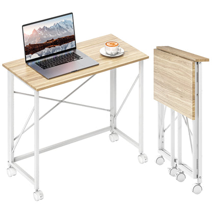 Folding Desk with Wheels Compact Computer Desk Laptop Table for Home Office Small Spaces 80x40x75 cm Natural