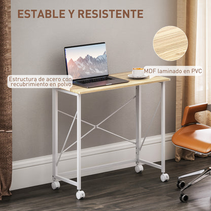 Folding Desk with Wheels Compact Computer Desk Laptop Table for Home Office Small Spaces 80x40x75 cm Natural