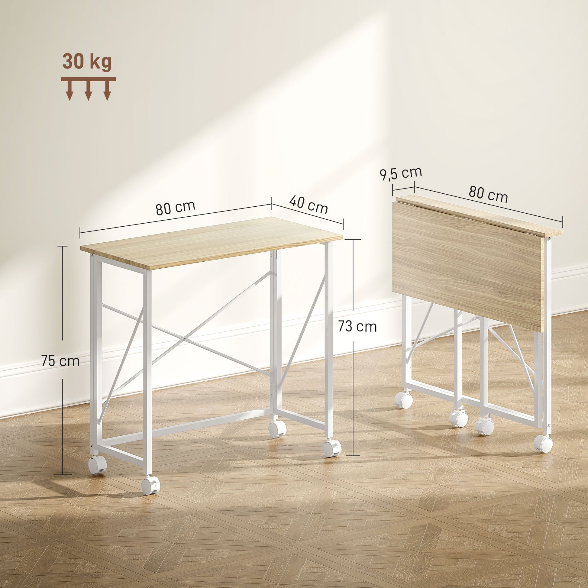 Folding Desk with Wheels Compact Computer Desk Laptop Table for Home Office Small Spaces 80x40x75 cm Natural