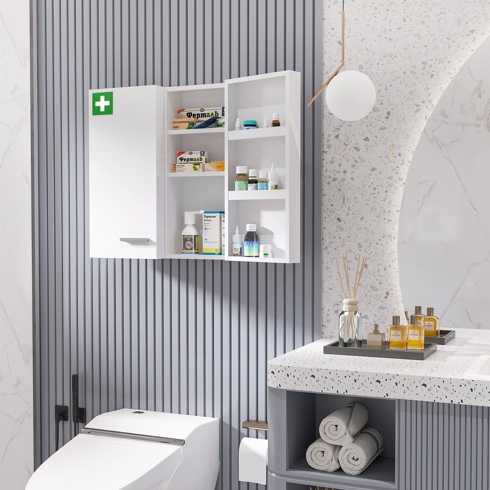 Medicine Cabinet, 2-Door Lockable Medication Cabinet, First Aid Cabinet for Medicines and Bandages, Steel, White, 55 x 18 x 60 cm