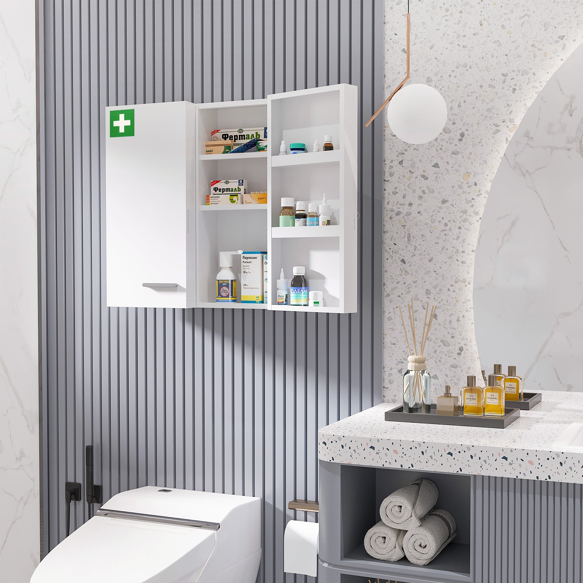 Medicine Cabinet, 2-Door Lockable Medication Cabinet, First Aid Cabinet for Medicines and Bandages, Steel, White, 55 x 18 x 60 cm