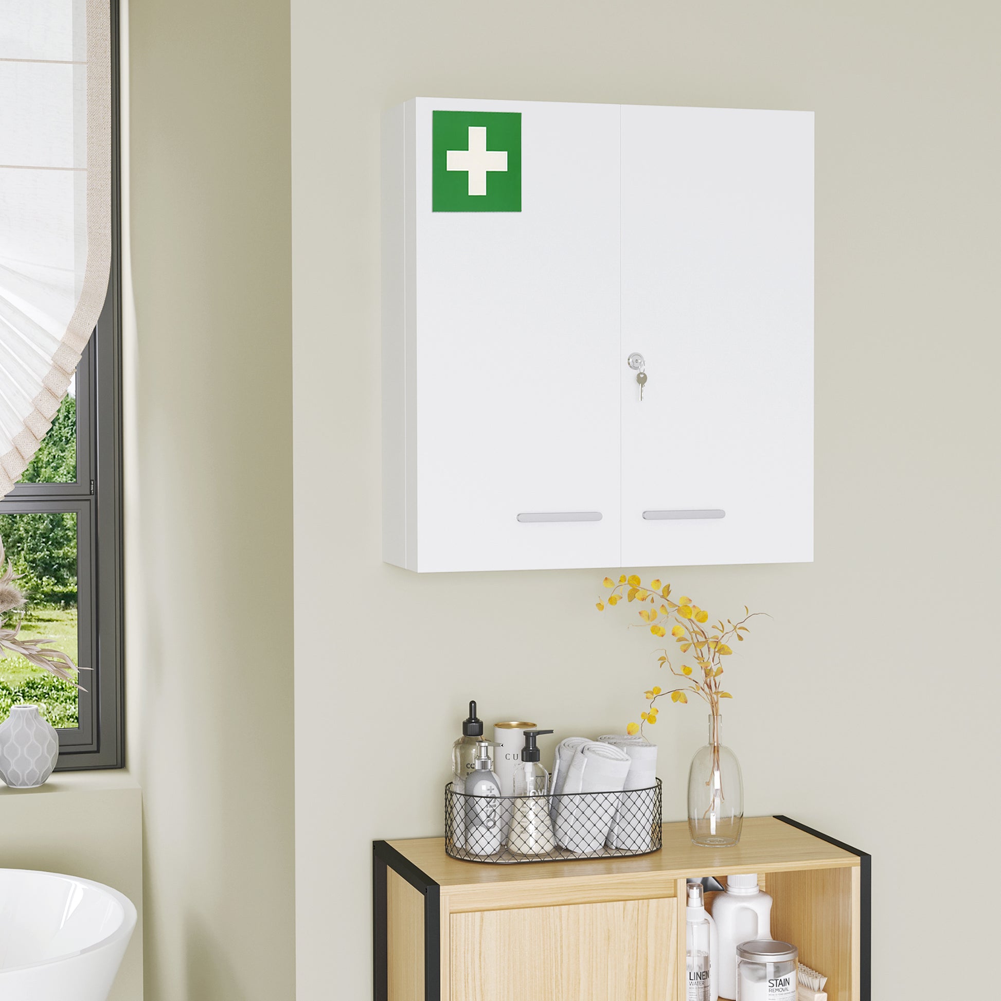 Medicine Cabinet, 2-Door Lockable Medication Cabinet, First Aid Cabinet for Medicines and Bandages, Steel, White, 55 x 18 x 60 cm