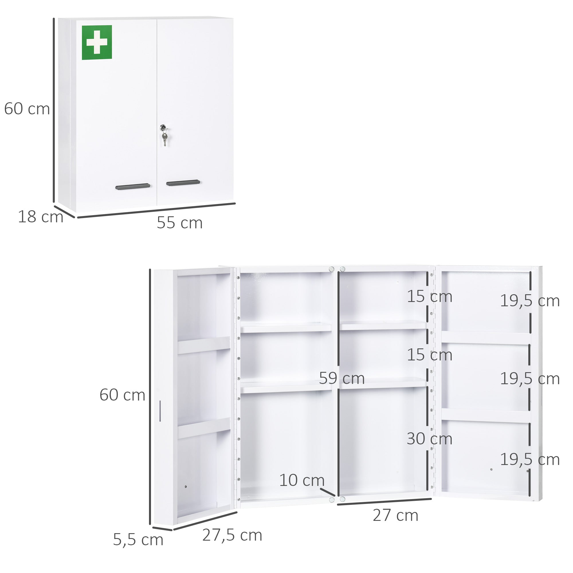 Medicine Cabinet, 2-Door Lockable Medication Cabinet, First Aid Cabinet for Medicines and Bandages, Steel, White, 55 x 18 x 60 cm