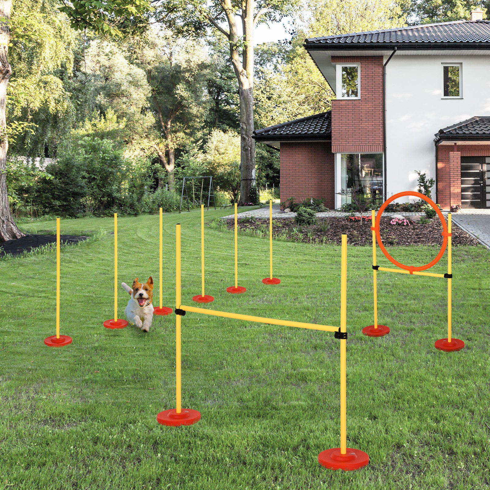 Agility Set Dogs 3-piece Agility Equipment for Dog Training Hurdle Set with 6 Slalom Poles Adjustable Height Hurdles Jumping Hoop Carrying Bag Agility Set for Games Training