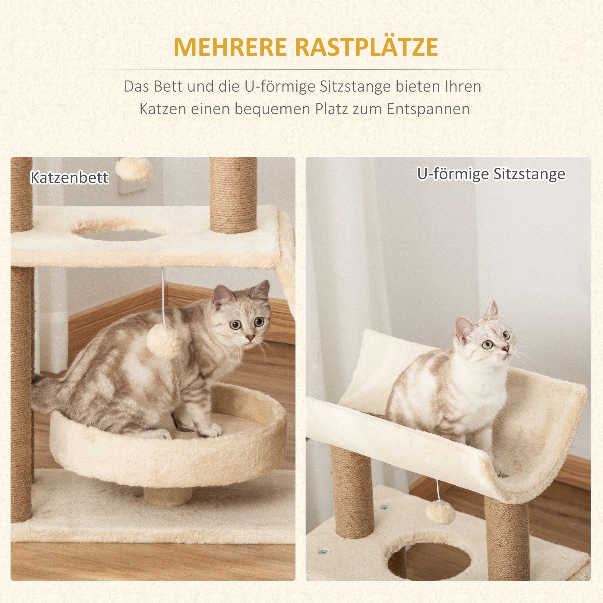 Cat Tree 76 cm Cat Tower with 2 Play Balls, Sisal Posts, Bed, Scratching Board, Multi-Level Cat Scratching Tree, Climbing Tree, for Medium-Sized Cats, Light Brown