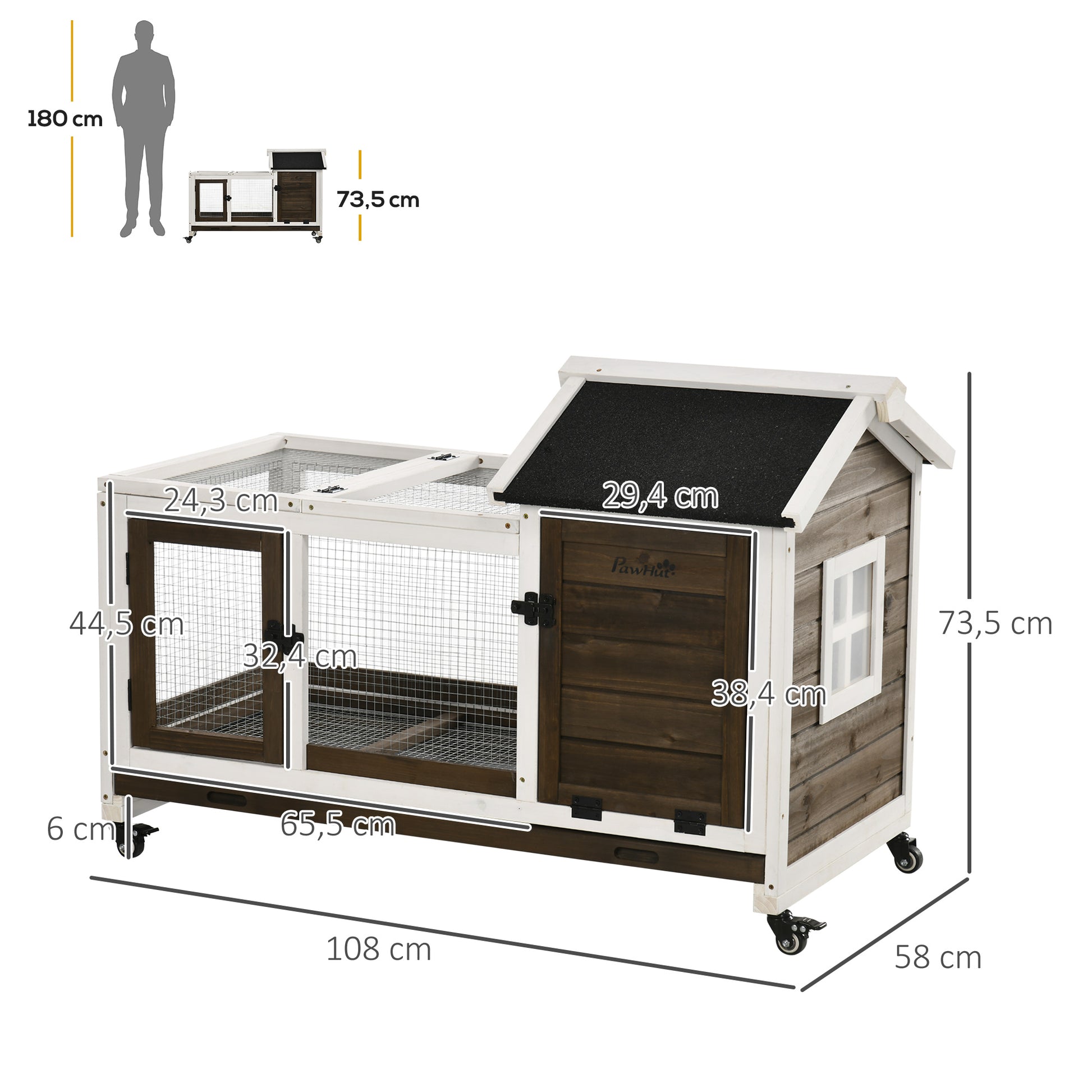 Wooden Rabbit Hutch with Wheels - Rabbit Cage with Flip-Top Roof and Removable Tray - Indoor and Outdoor Rabbit Hutch 108x58x73.5 cm Brown