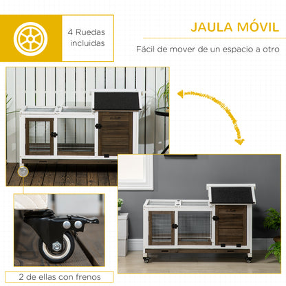 Wooden Rabbit Hutch with Wheels - Rabbit Cage with Flip-Top Roof and Removable Tray - Indoor and Outdoor Rabbit Hutch 108x58x73.5 cm Brown