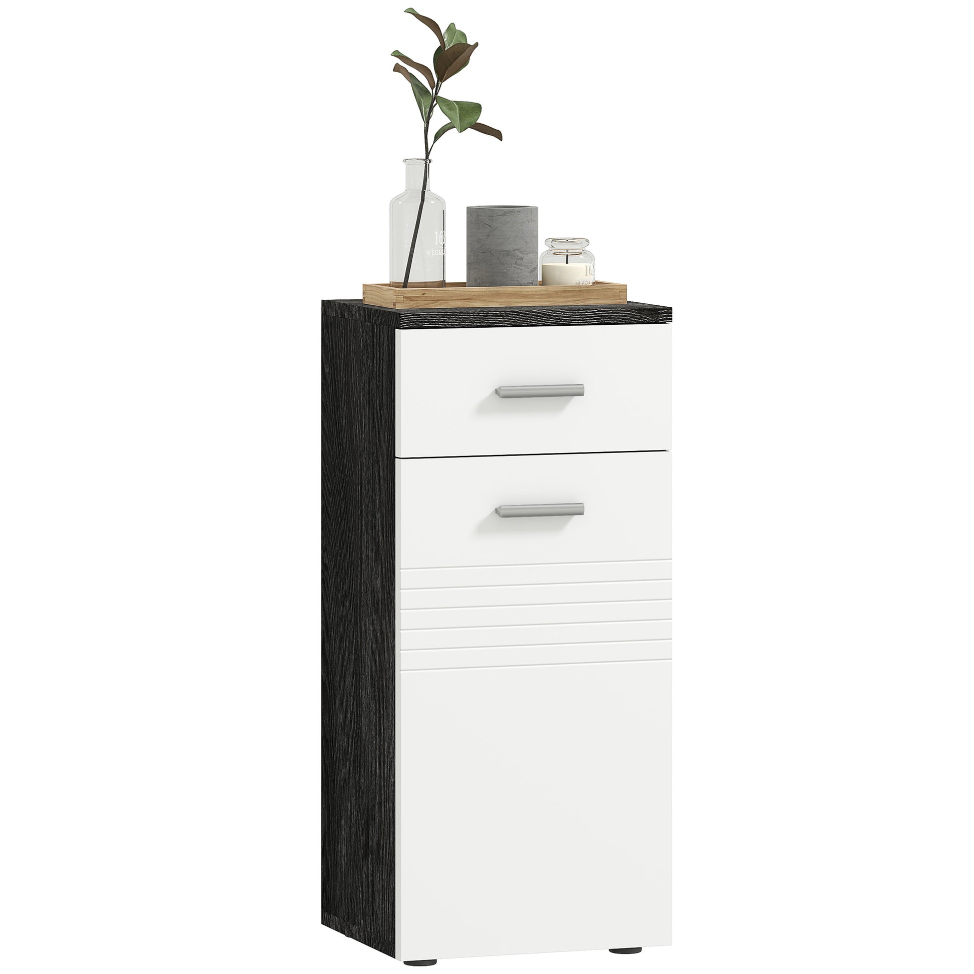 Bathroom Cabinet with Drawer and Single Door Cabinet, Space-Saving Wooden Bathroom Cabinet for Dining Room, Living Room, Kitchen, 35x30x77.5 cm, White and Black
