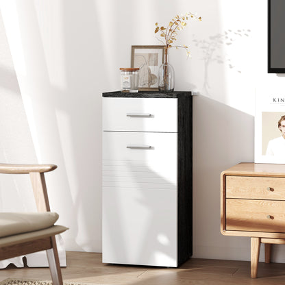 Bathroom Cabinet with Drawer and Single Door Cabinet, Space-Saving Wooden Bathroom Cabinet for Dining Room, Living Room, Kitchen, 35x30x77.5 cm, White and Black