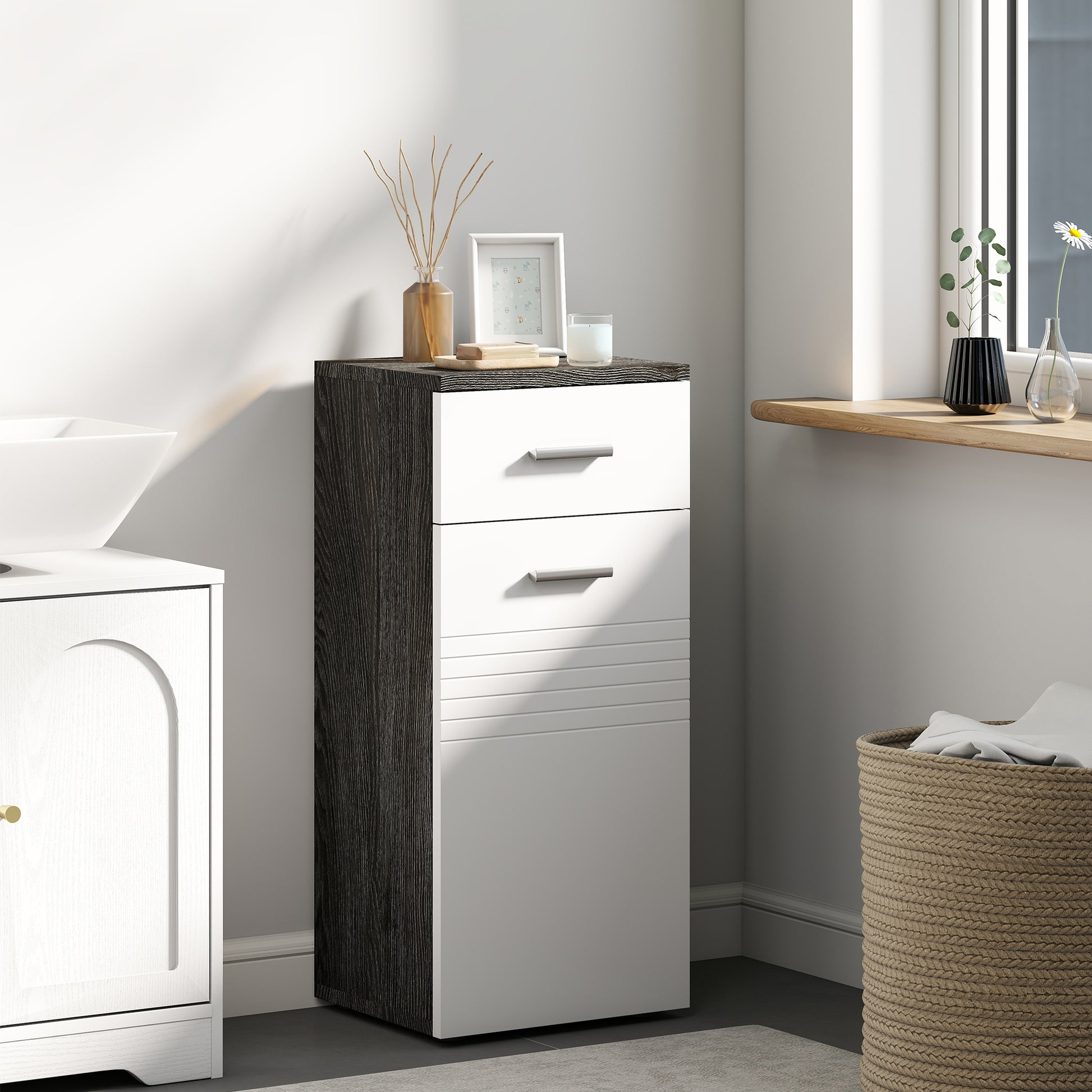 Bathroom Cabinet with Drawer and Single Door Cabinet, Space-Saving Wooden Bathroom Cabinet for Dining Room, Living Room, Kitchen, 35x30x77.5 cm, White and Black