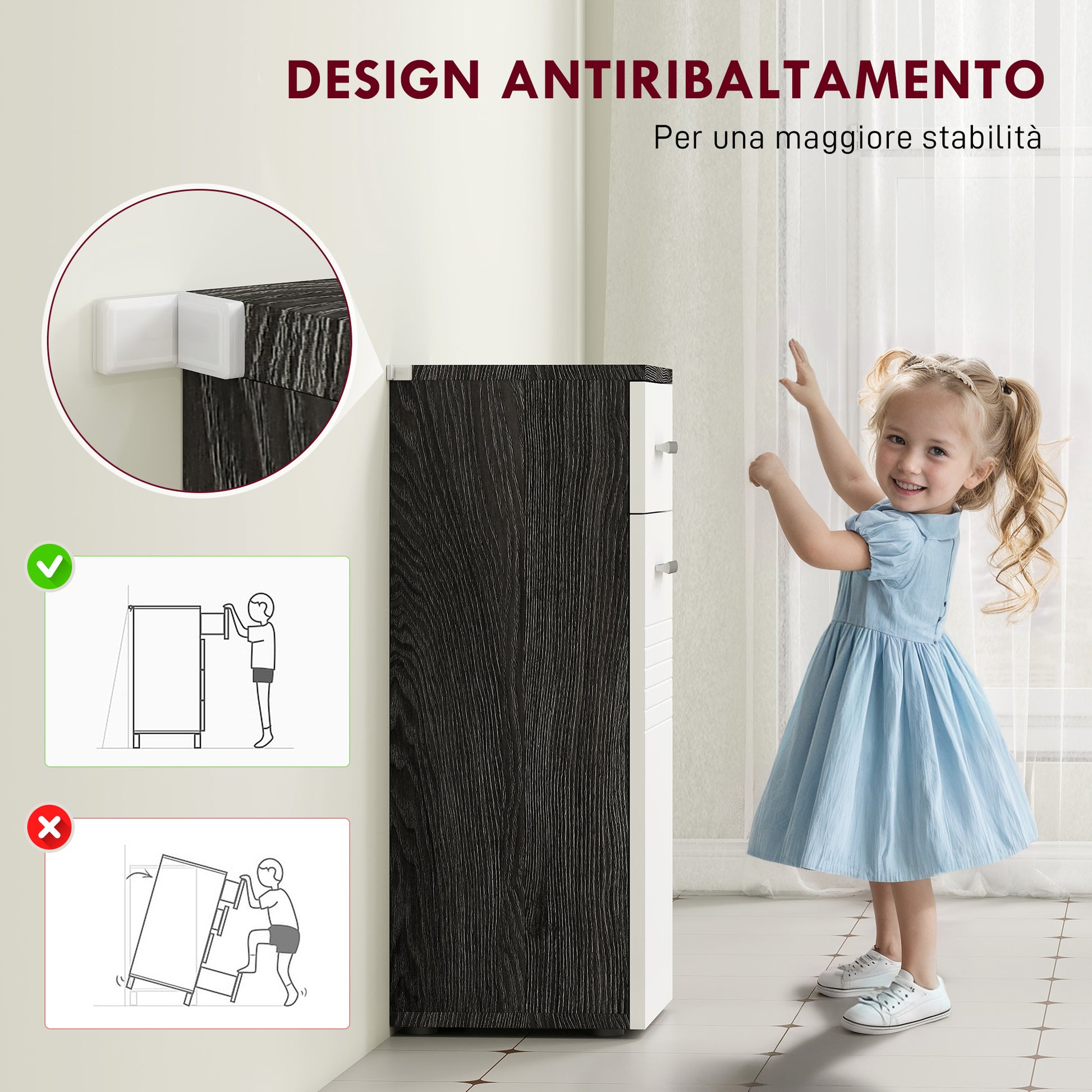 Bathroom Cabinet with Drawer and Single Door Cabinet, Space-Saving Wooden Bathroom Cabinet for Dining Room, Living Room, Kitchen, 35x30x77.5 cm, White and Black