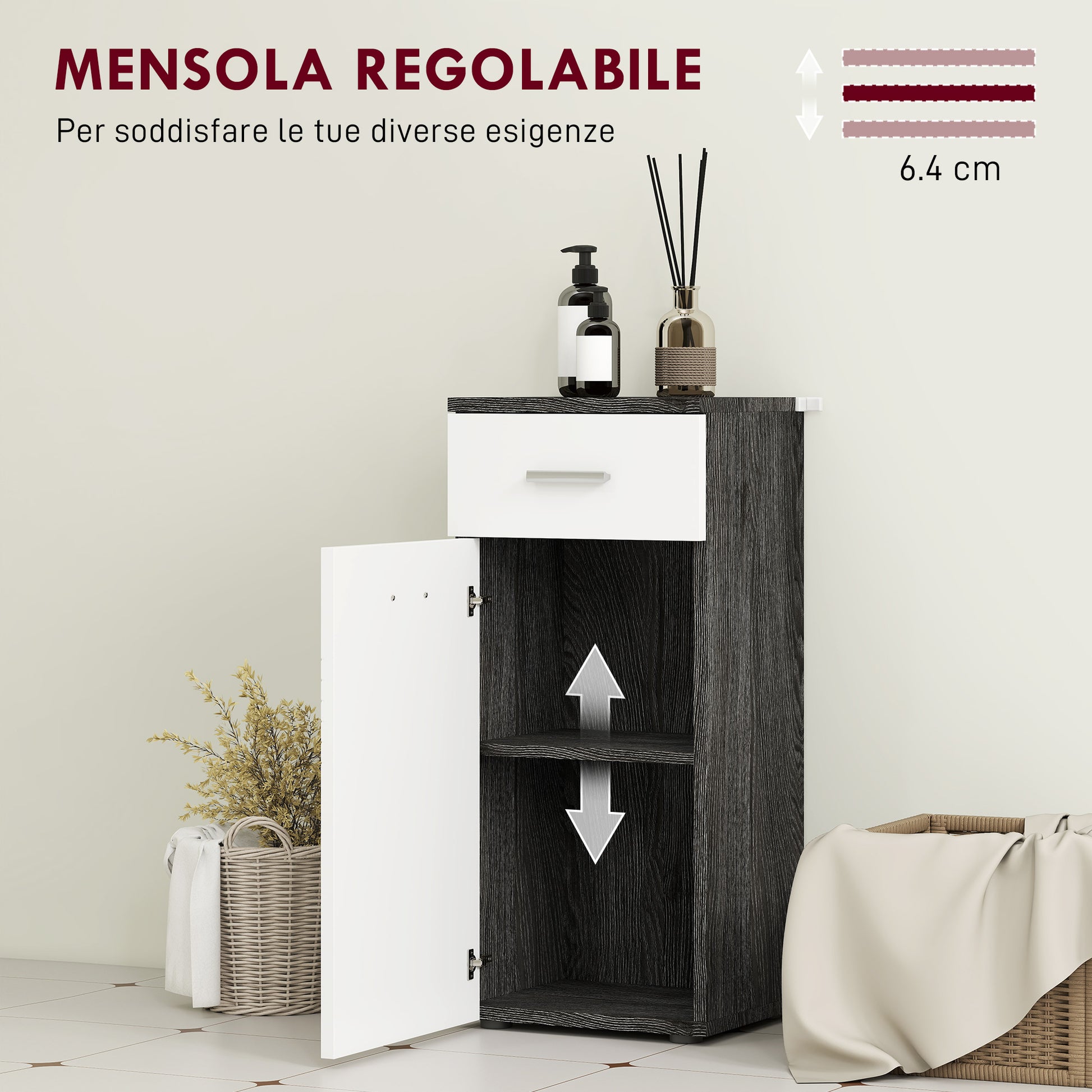 Bathroom Cabinet with Drawer and Single Door Cabinet, Space-Saving Wooden Bathroom Cabinet for Dining Room, Living Room, Kitchen, 35x30x77.5 cm, White and Black
