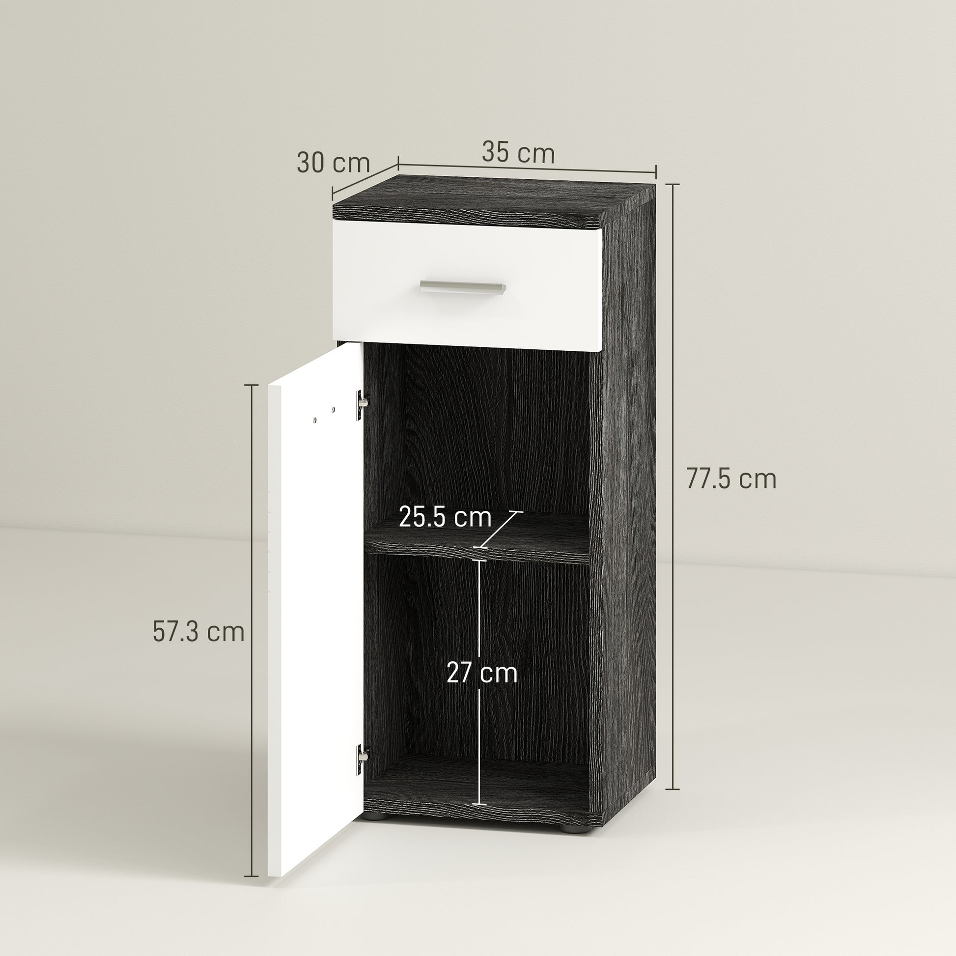 Bathroom Cabinet with Drawer and Single Door Cabinet, Space-Saving Wooden Bathroom Cabinet for Dining Room, Living Room, Kitchen, 35x30x77.5 cm, White and Black
