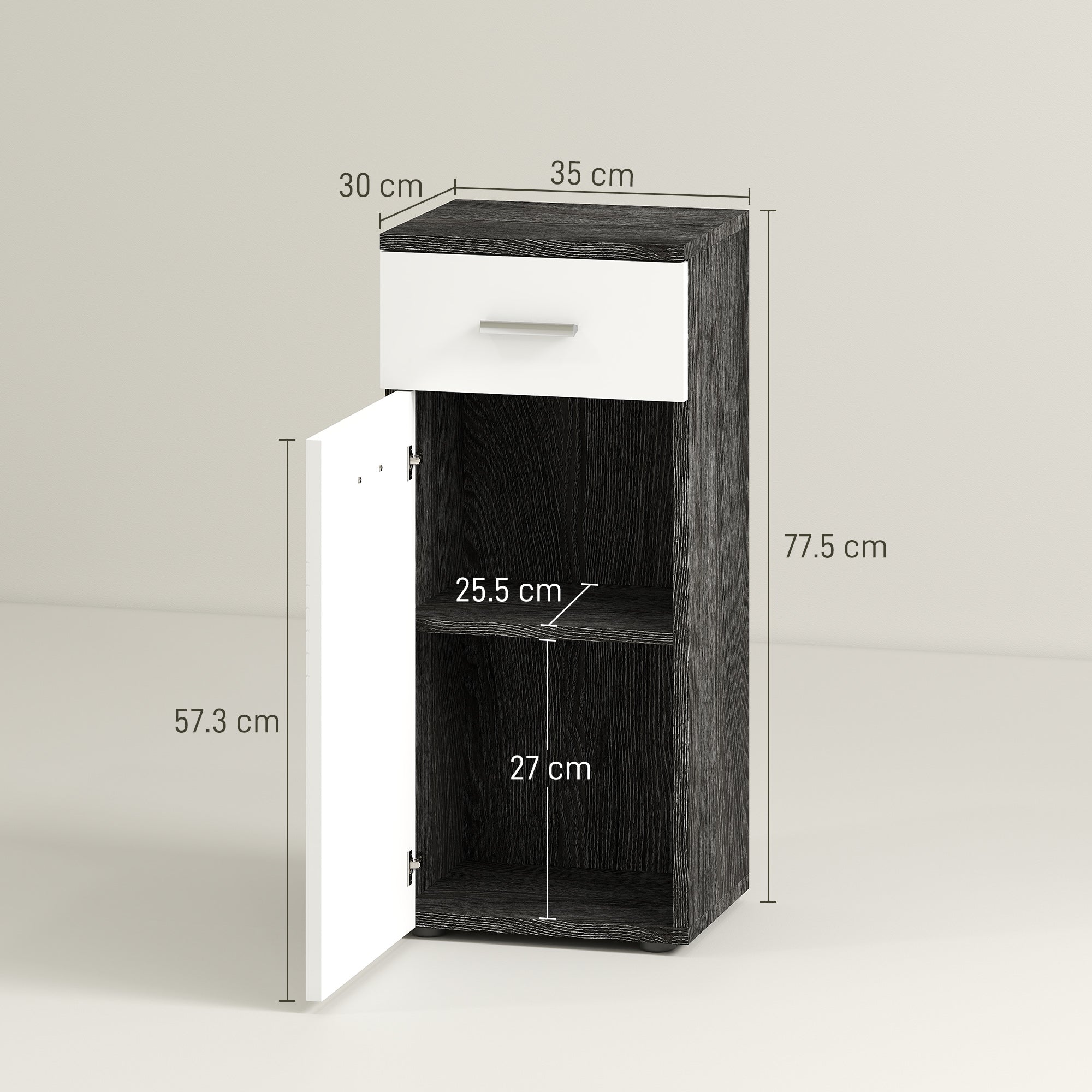 Bathroom Cabinet with Drawer and Single Door Cabinet, Space-Saving Wooden Bathroom Cabinet for Dining Room, Living Room, Kitchen, 35x30x77.5 cm, White and Black