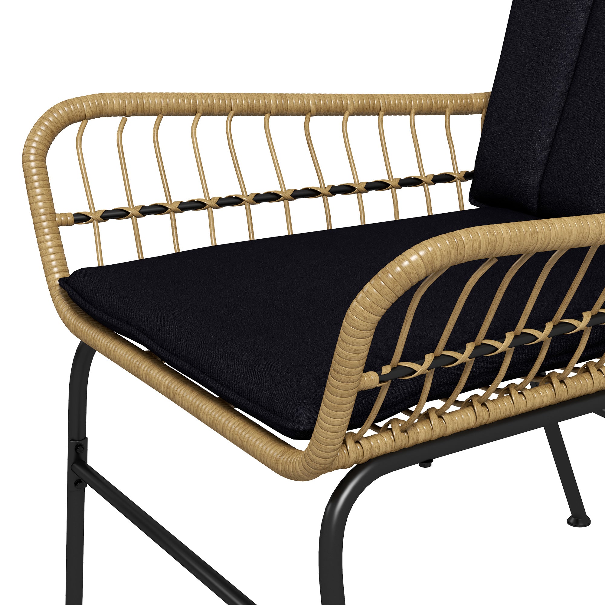 3-Piece Rattan Seating Group, Garden Set, Patio Furniture Set with 2 Chairs, Side Table with Tempered Glass Top, Cushions, for Balcony, Terrace, Natural+Black