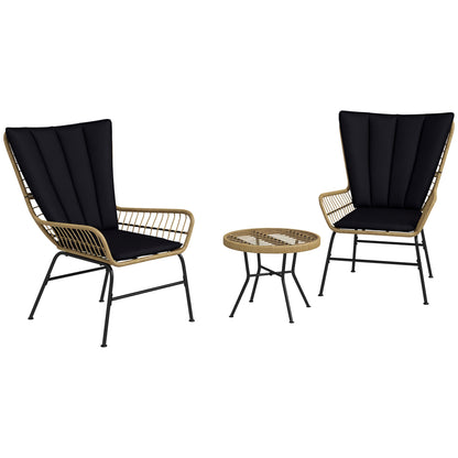 3-Piece Rattan Seating Group, Garden Set, Patio Furniture Set with 2 Chairs, Side Table with Tempered Glass Top, Cushions, for Balcony, Terrace, Natural+Black