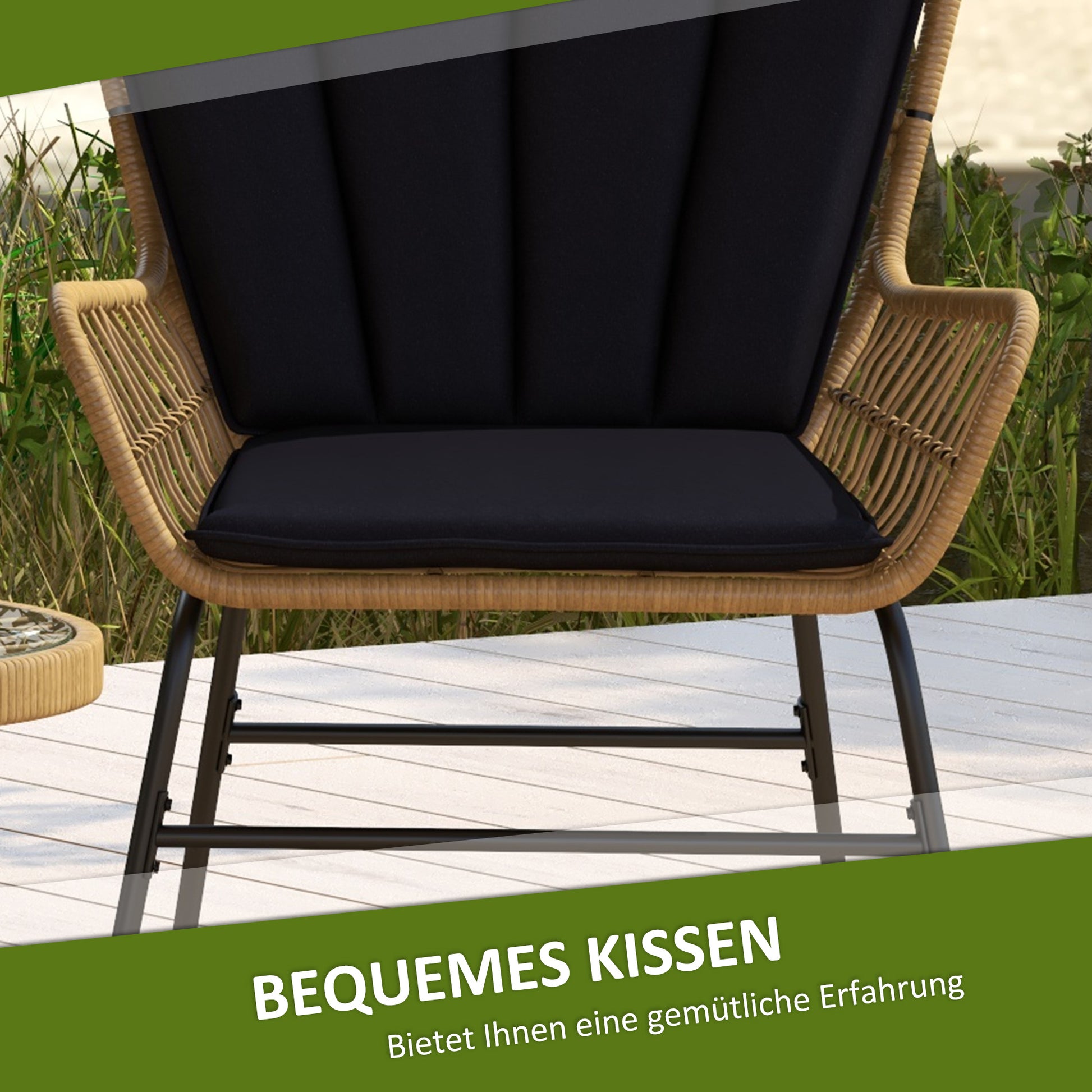 3-Piece Rattan Seating Group, Garden Set, Patio Furniture Set with 2 Chairs, Side Table with Tempered Glass Top, Cushions, for Balcony, Terrace, Natural+Black