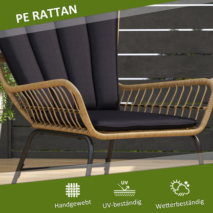 3-Piece Rattan Seating Group, Garden Set, Patio Furniture Set with 2 Chairs, Side Table with Tempered Glass Top, Cushions, for Balcony, Terrace, Natural+Black