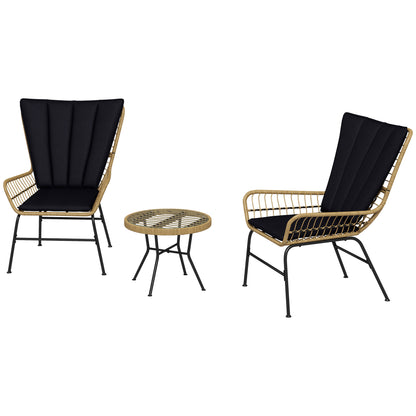 3-Piece Rattan Seating Group, Garden Set, Patio Furniture Set with 2 Chairs, Side Table with Tempered Glass Top, Cushions, for Balcony, Terrace, Natural+Black