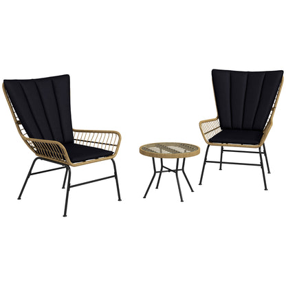 3-Piece Rattan Seating Group, Garden Set, Patio Furniture Set with 2 Chairs, Side Table with Tempered Glass Top, Cushions, for Balcony, Terrace, Natural+Black