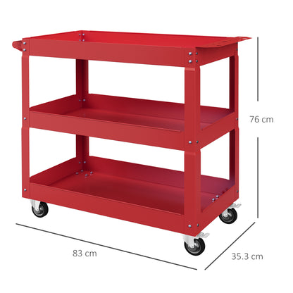 Tool Cart with Wheels Steel Tool Cart with 3 Storage Shelves and Side Handle for Mechanical Garage Home 150 kg Load Capacity 83x35.3x76 cm Red
