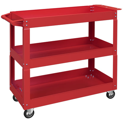 Tool Cart with Wheels Steel Tool Cart with 3 Storage Shelves and Side Handle for Mechanical Garage Home 150 kg Load Capacity 83x35.3x76 cm Red