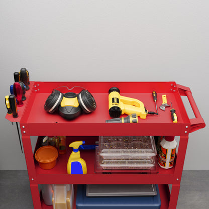Tool Cart with Wheels Steel Tool Cart with 3 Storage Shelves and Side Handle for Mechanical Garage Home 150 kg Load Capacity 83x35.3x76 cm Red