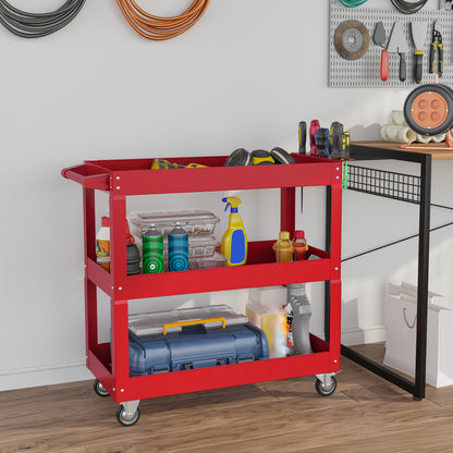 Tool Cart with Wheels Steel Tool Cart with 3 Storage Shelves and Side Handle for Mechanical Garage Home 150 kg Load Capacity 83x35.3x76 cm Red